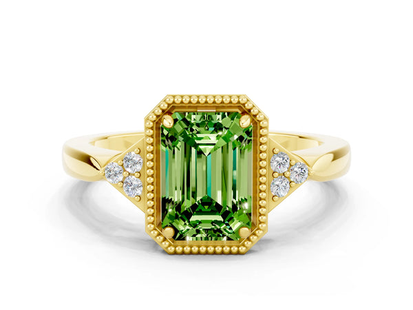 Yellow gold Emerald Cut Peridot Halo Ring with Tapered Band and Four-Prong Setting