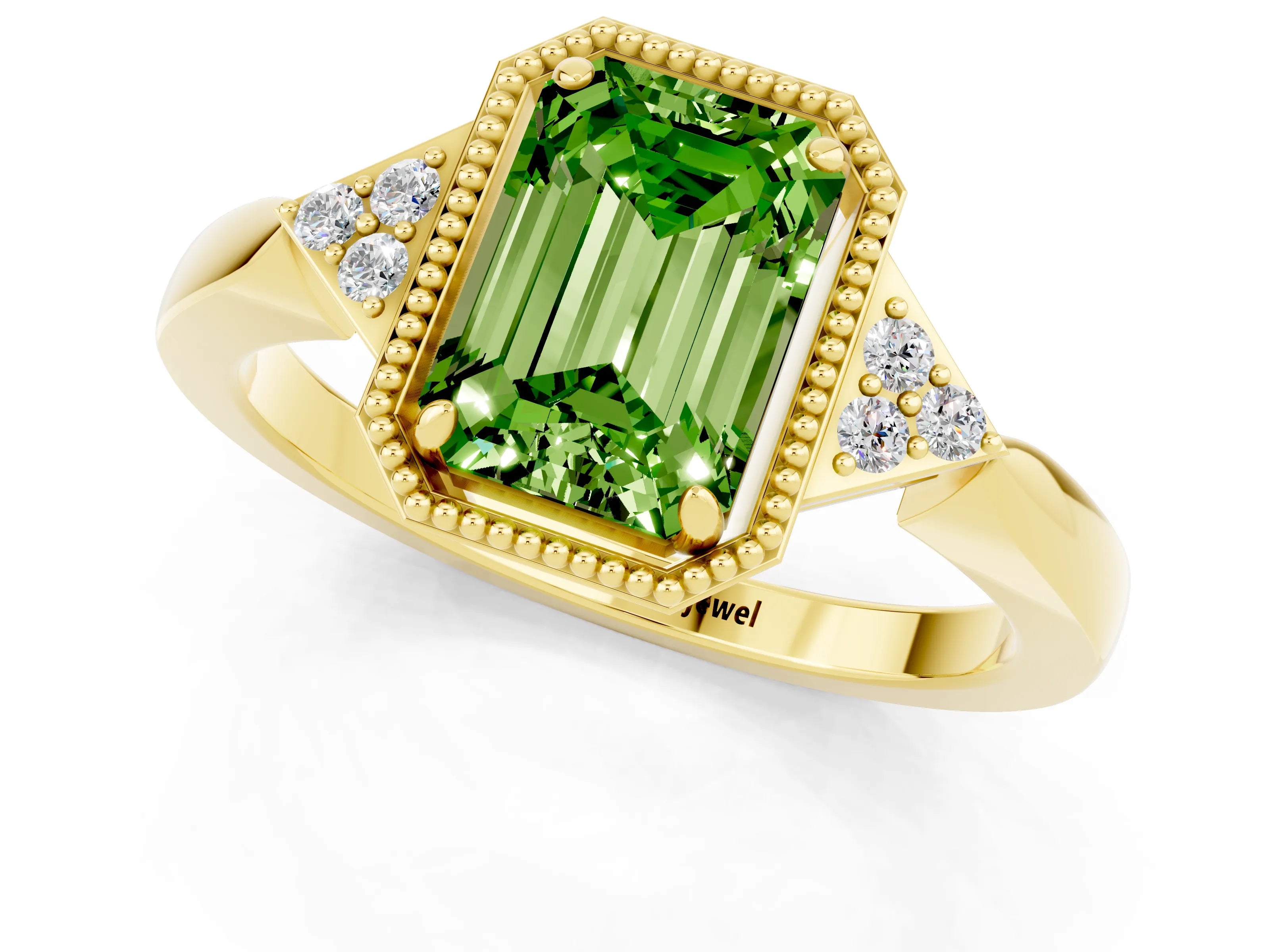 Yellow gold Emerald Cut Peridot Halo Ring with Tapered Band and Four-Prong Setting_1