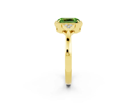 Yellow gold Emerald Cut Peridot Halo Ring with Tapered Band and Four-Prong Setting_2