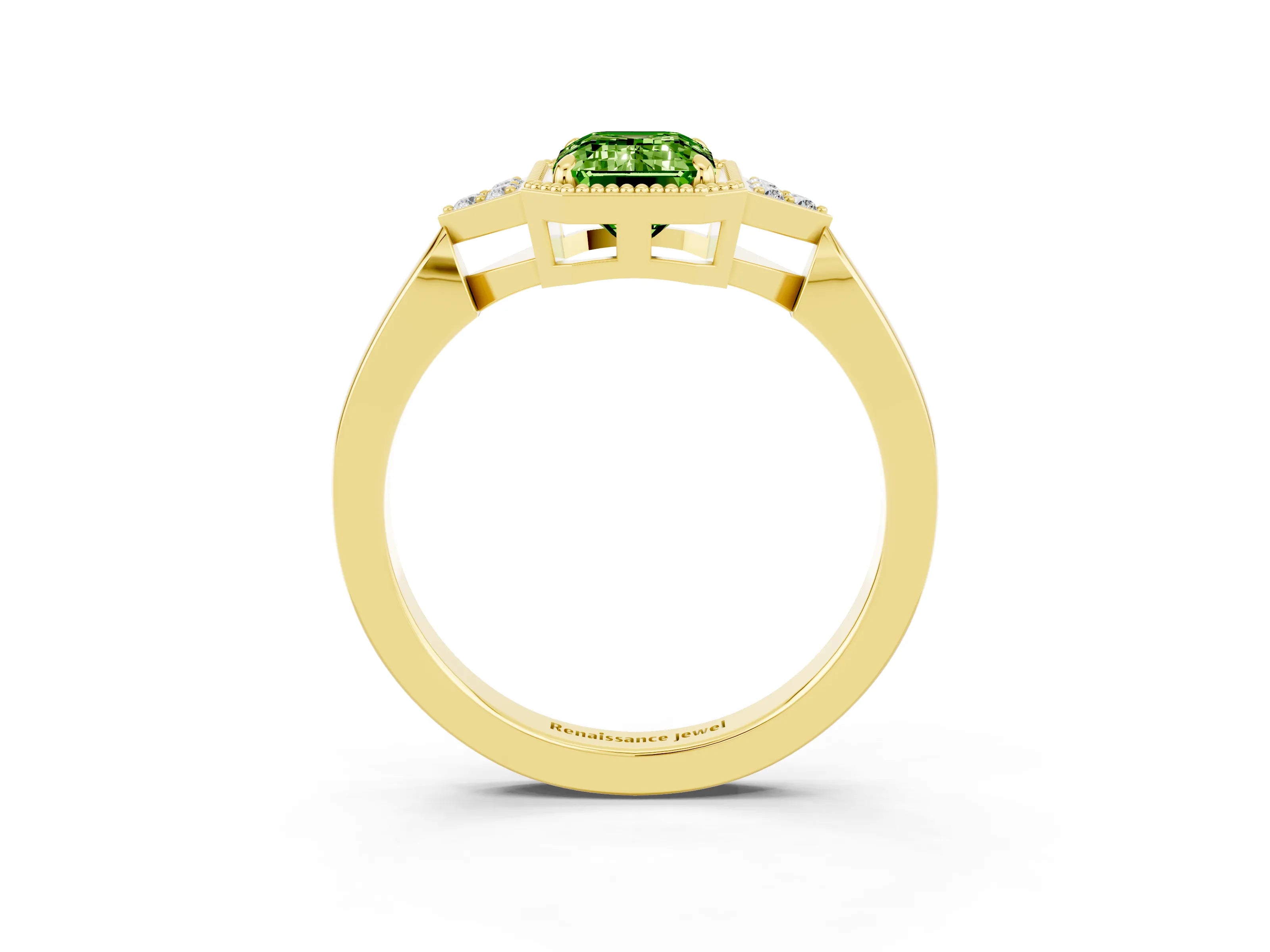 Yellow gold Emerald Cut Peridot Halo Ring with Tapered Band and Four-Prong Setting_3