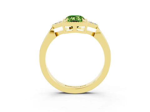 Yellow gold Emerald Cut Peridot Halo Ring with Tapered Band and Four-Prong Setting_3