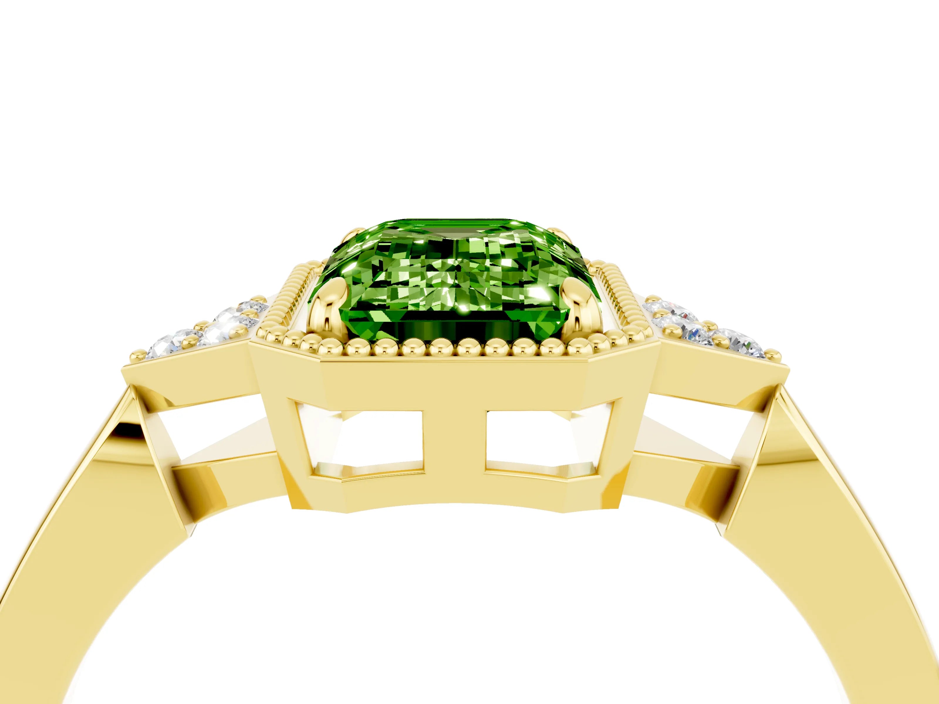 Yellow gold Emerald Cut Peridot Halo Ring with Tapered Band and Four-Prong Setting_4