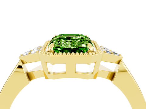 Yellow gold Emerald Cut Peridot Halo Ring with Tapered Band and Four-Prong Setting_4
