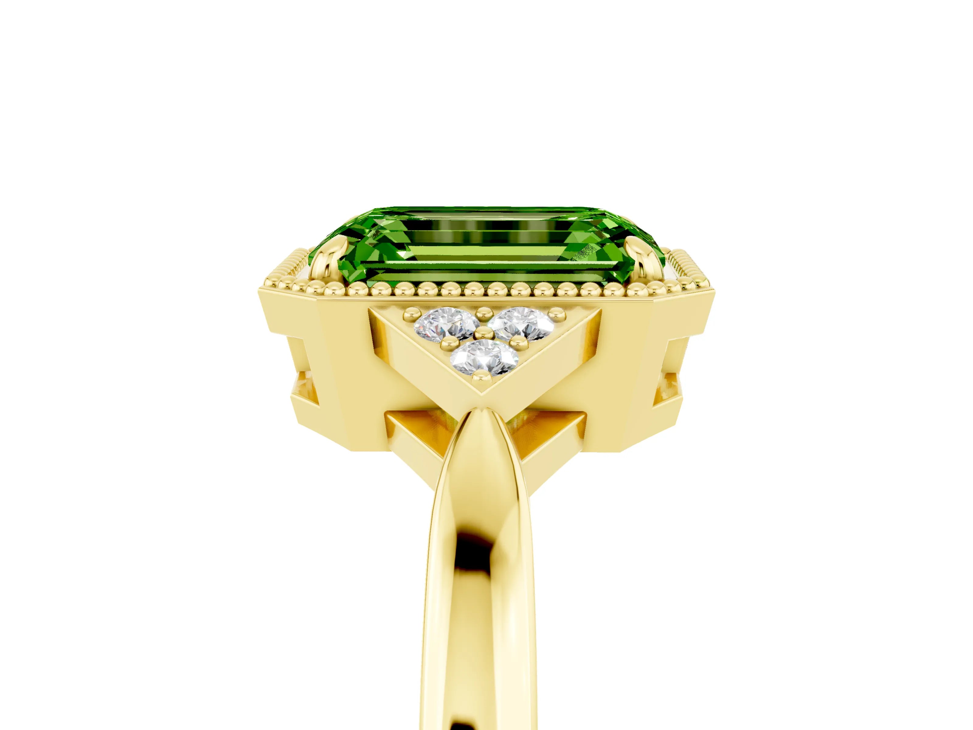 Yellow gold Emerald Cut Peridot Halo Ring with Tapered Band and Four-Prong Setting_5