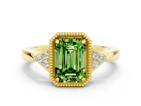 Yellow gold Emerald Cut Peridot Halo Ring with Tapered Band and Four-Prong Setting