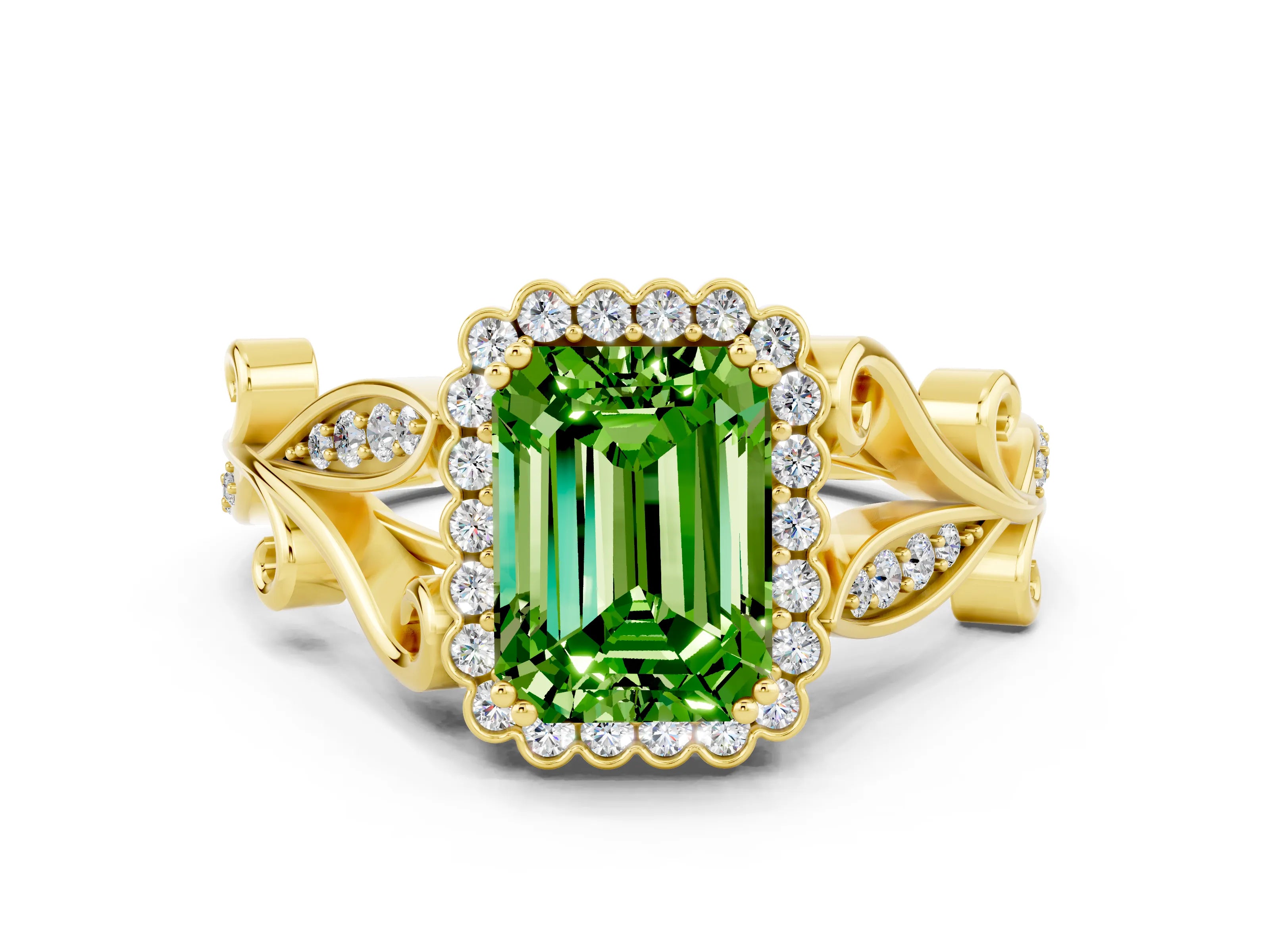 Yellow gold Emerald Cut Peridot Halo Ring with Vintage Split Shank and Four-Prong Setting