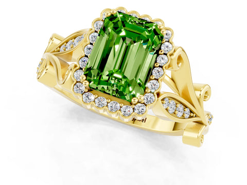 Yellow gold Emerald Cut Peridot Halo Ring with Vintage Split Shank and Four-Prong Setting_1