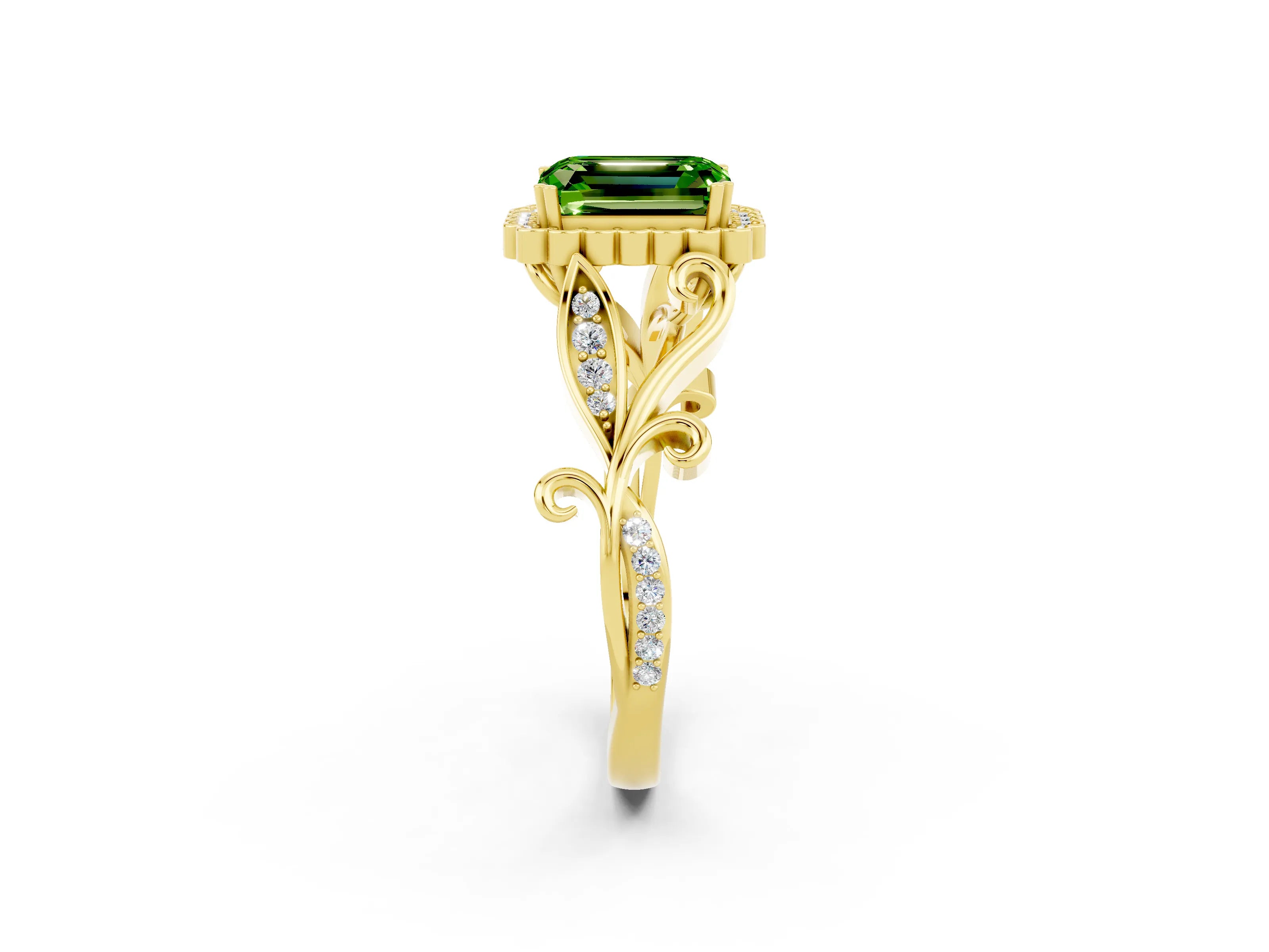 Yellow gold Emerald Cut Peridot Halo Ring with Vintage Split Shank and Four-Prong Setting_2
