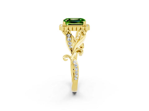 Yellow gold Emerald Cut Peridot Halo Ring with Vintage Split Shank and Four-Prong Setting_2