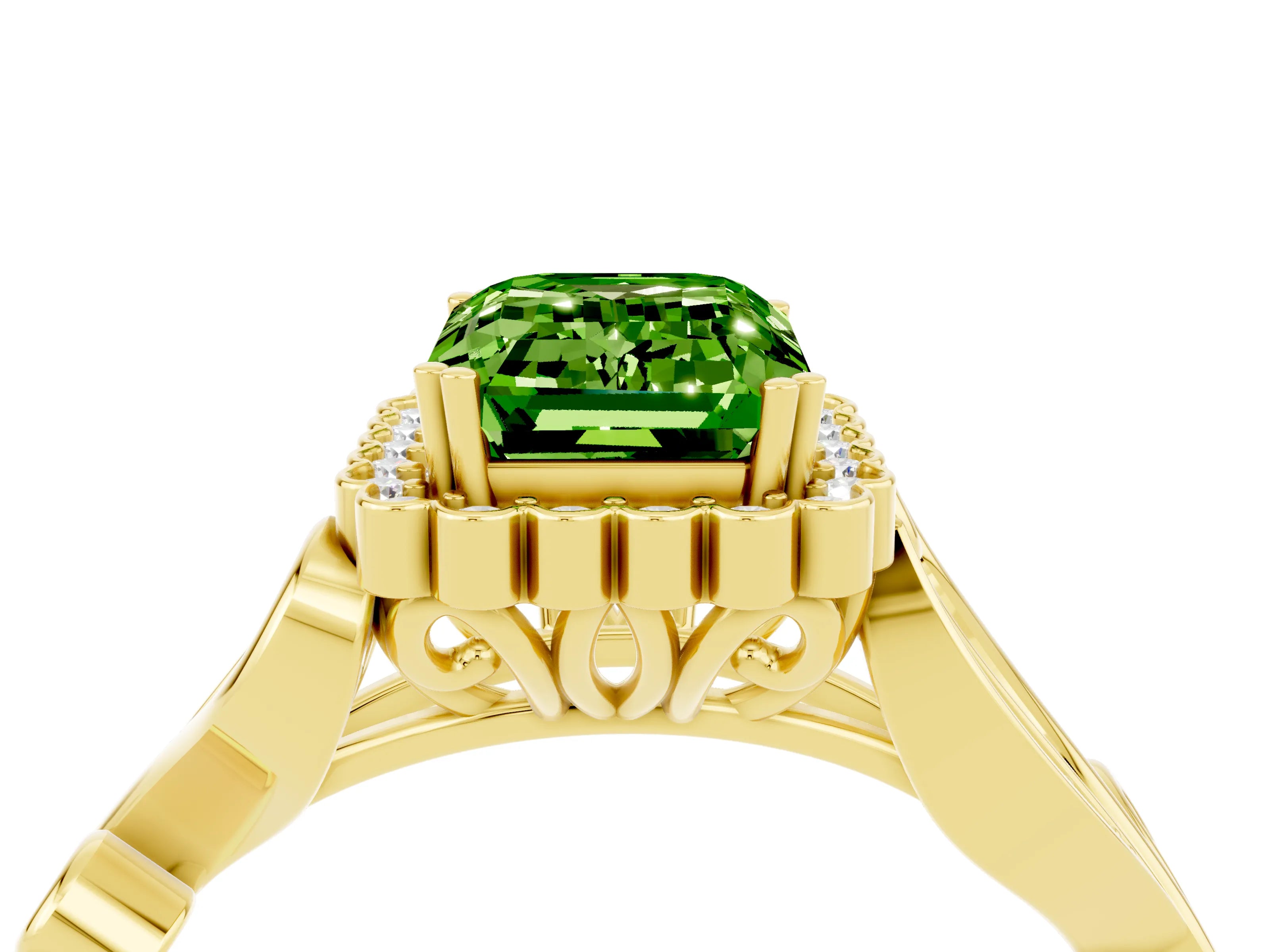 Yellow gold Emerald Cut Peridot Halo Ring with Vintage Split Shank and Four-Prong Setting_4