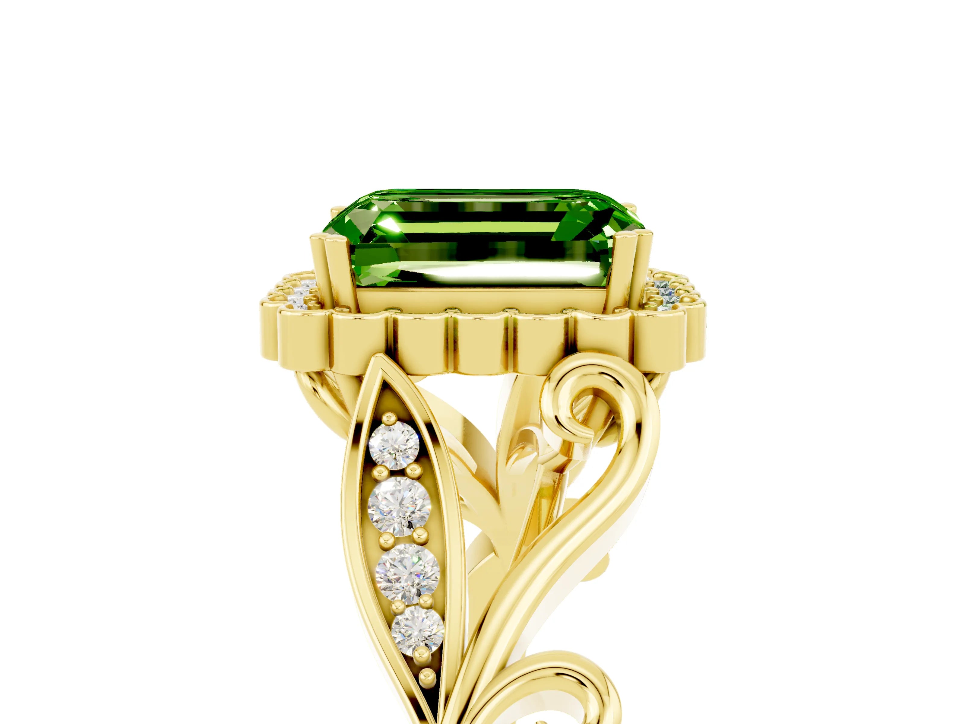 Yellow gold Emerald Cut Peridot Halo Ring with Vintage Split Shank and Four-Prong Setting_5