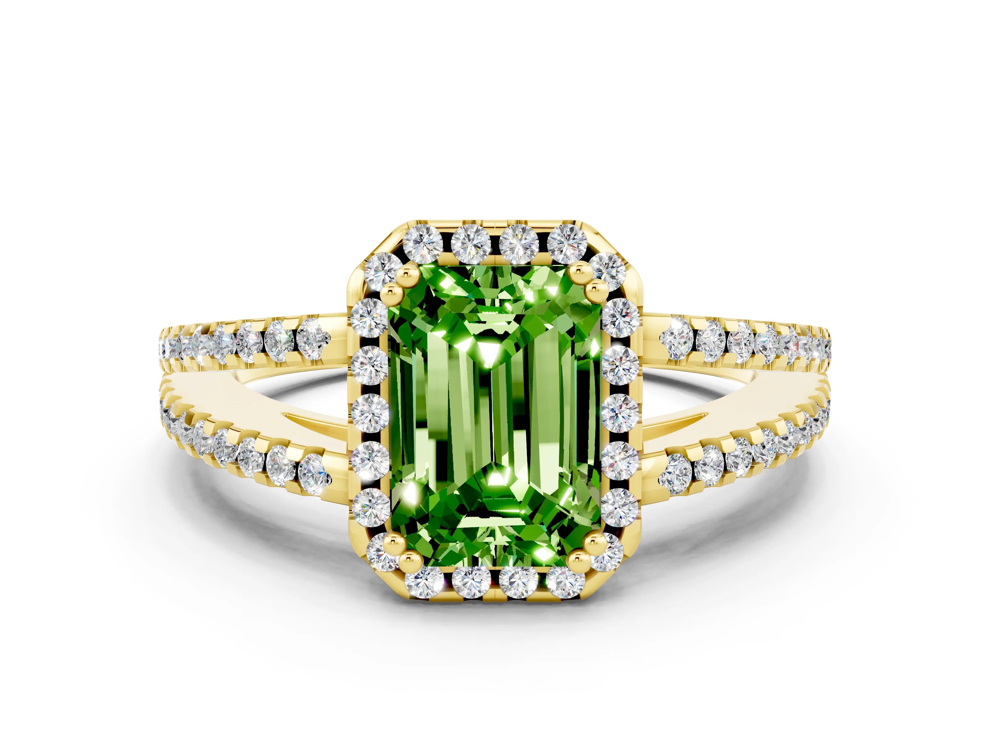 Yellow gold Emerald Cut Peridot Halo Split Shank Engagement Ring_12