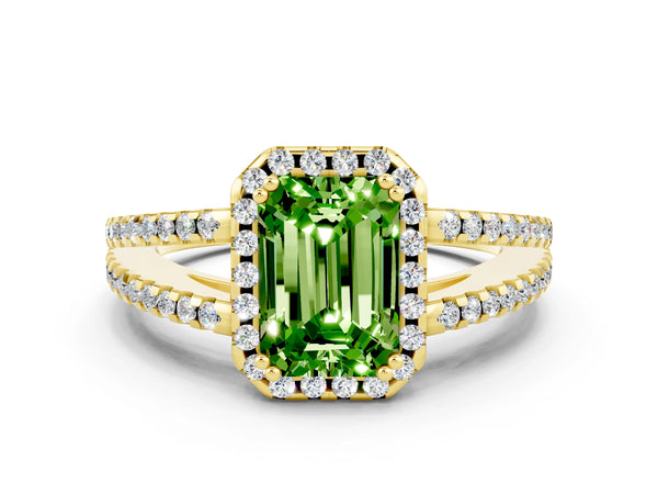 Yellow gold Emerald Cut Peridot Halo Split Shank Engagement Ring