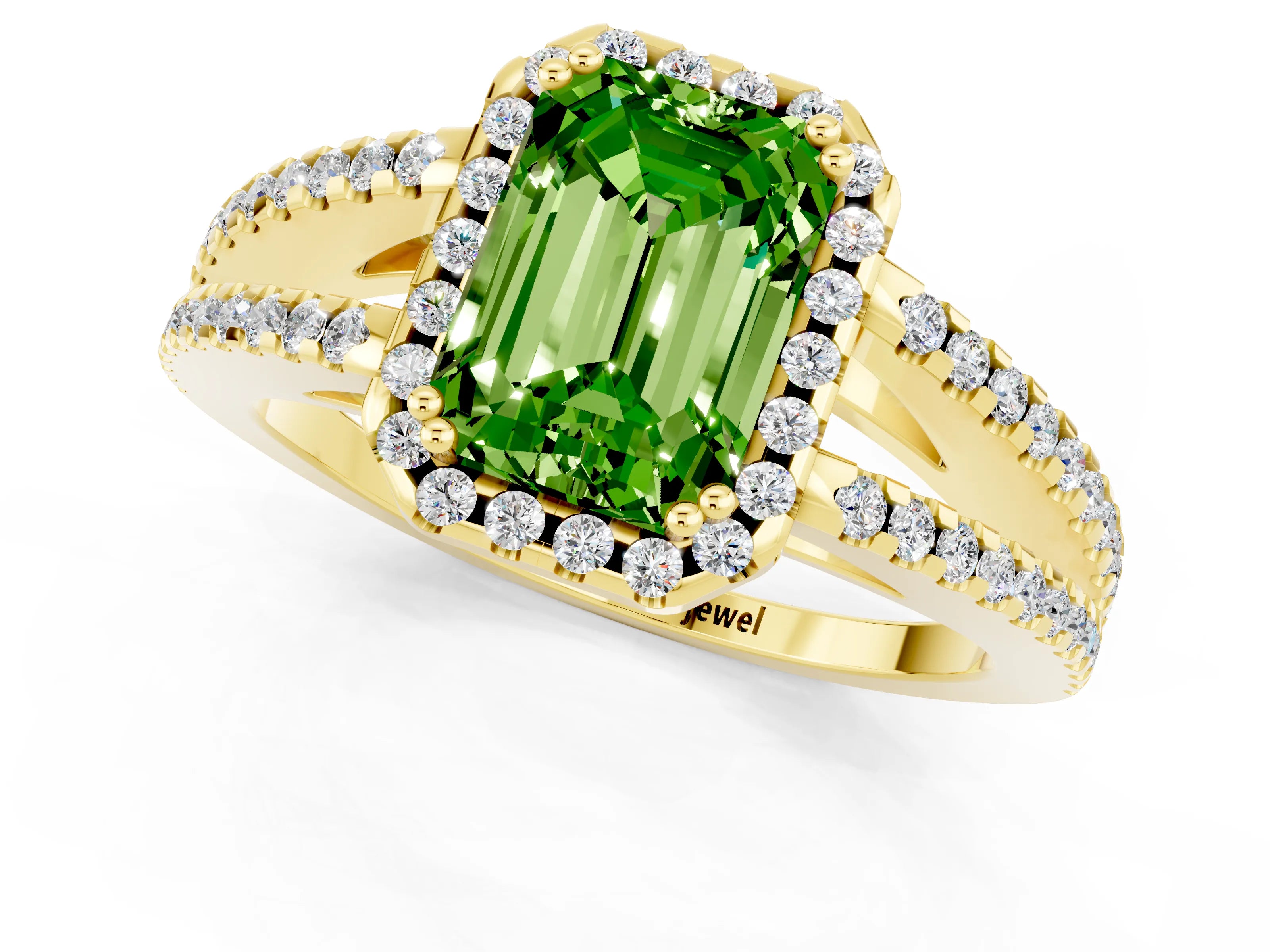 Yellow gold Emerald Cut Peridot Halo Split Shank Engagement Ring_13