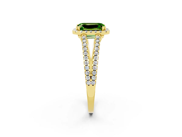 Yellow gold Emerald Cut Peridot Halo Split Shank Engagement Ring