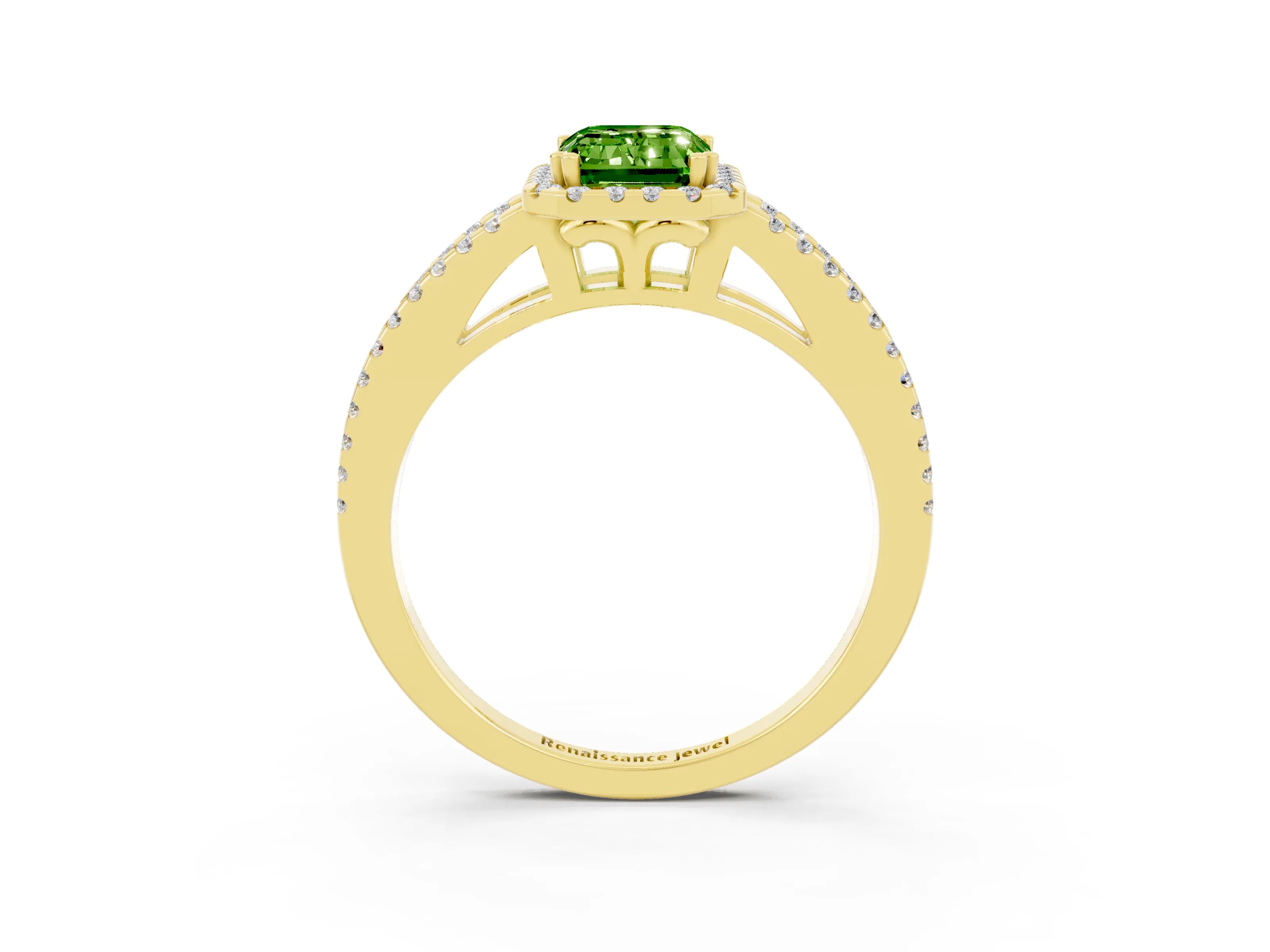 Yellow gold Emerald Cut Peridot Halo Split Shank Engagement Ring_15