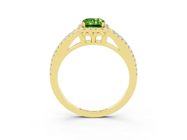 Yellow gold Emerald Cut Peridot Halo Split Shank Engagement Ring