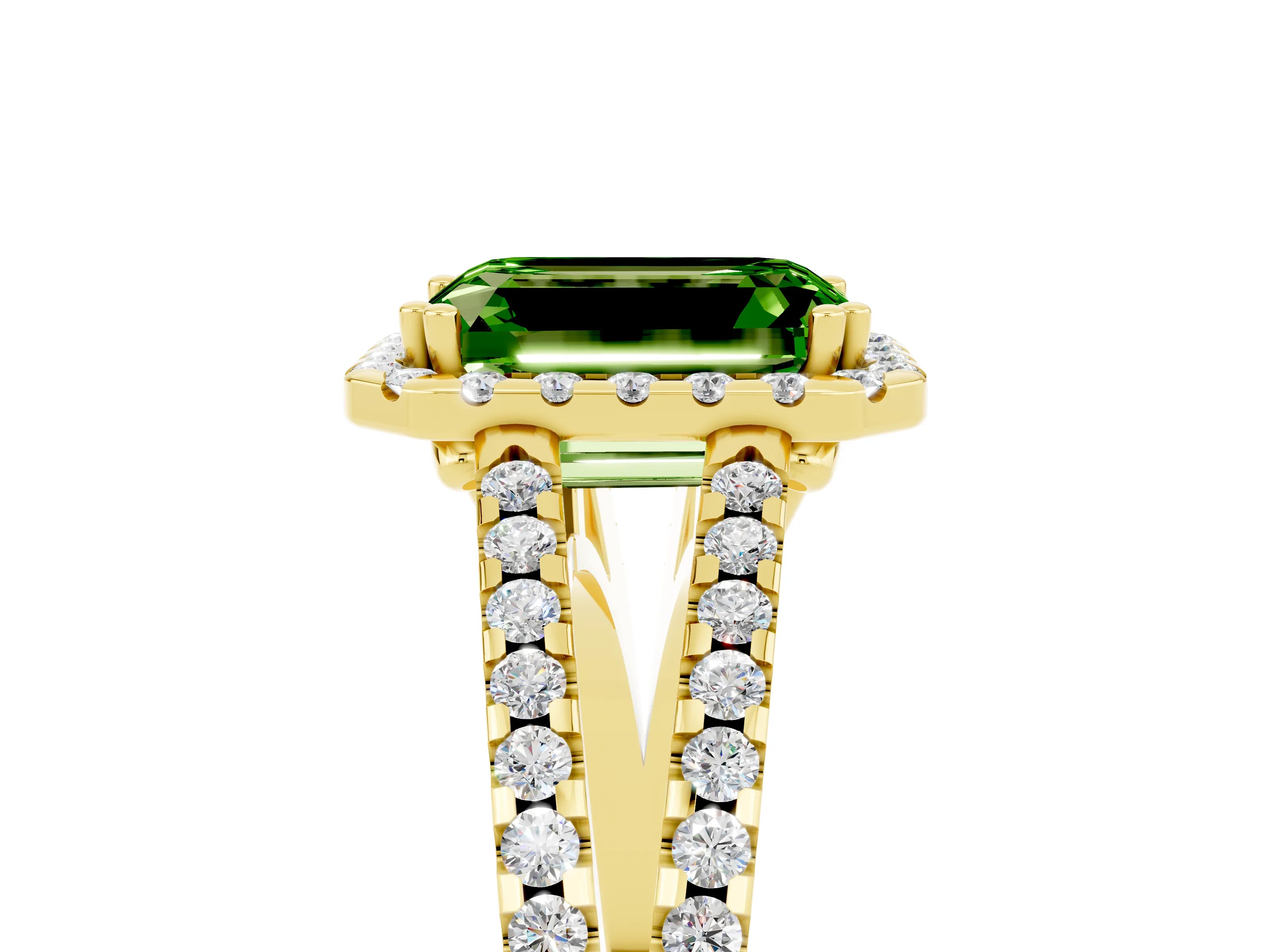 Yellow gold Emerald Cut Peridot Halo Split Shank Engagement Ring_17