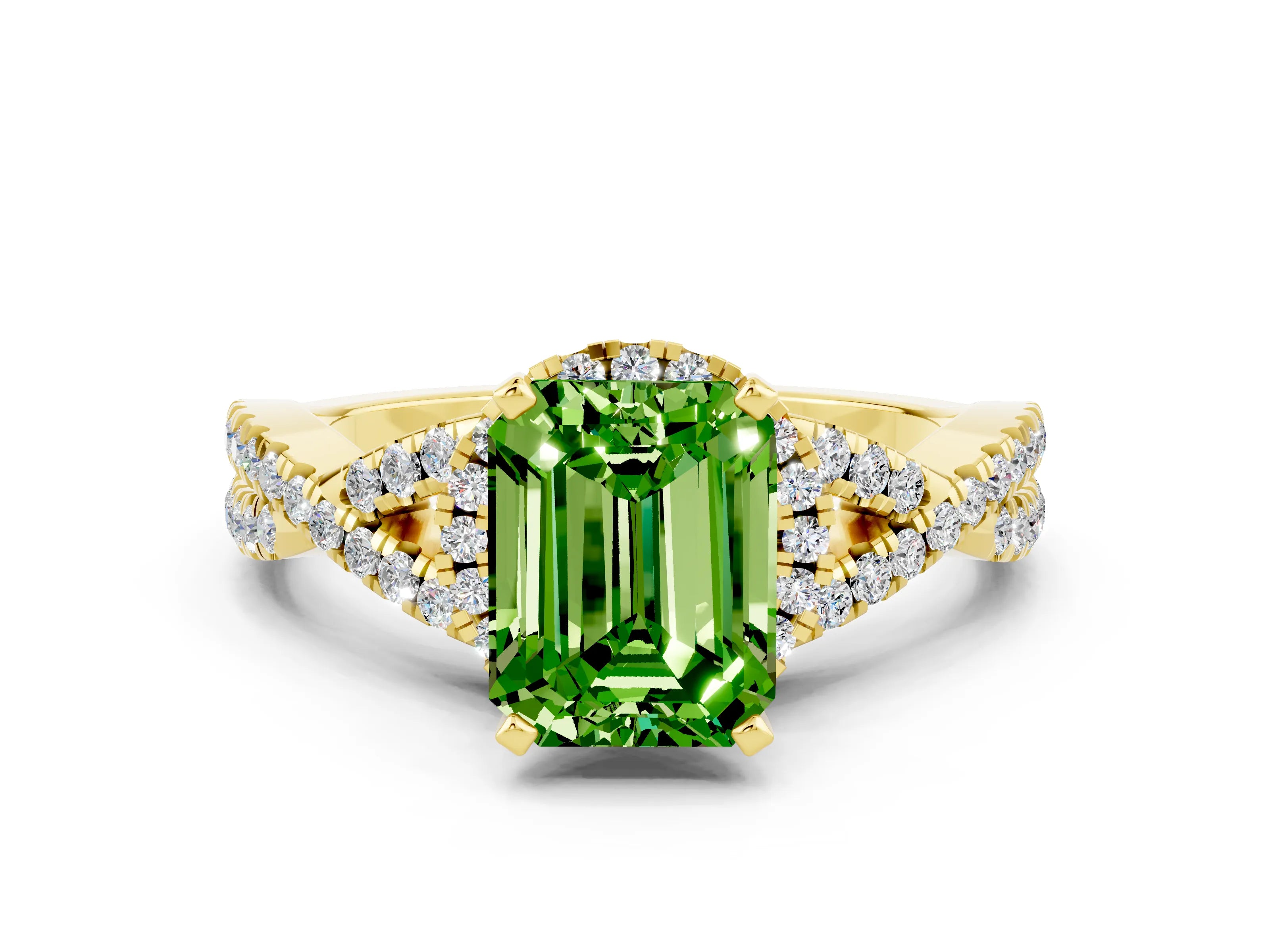 Yellow gold Emerald Cut Peridot Halo Twist Band Solitaire Prong Setting Ring