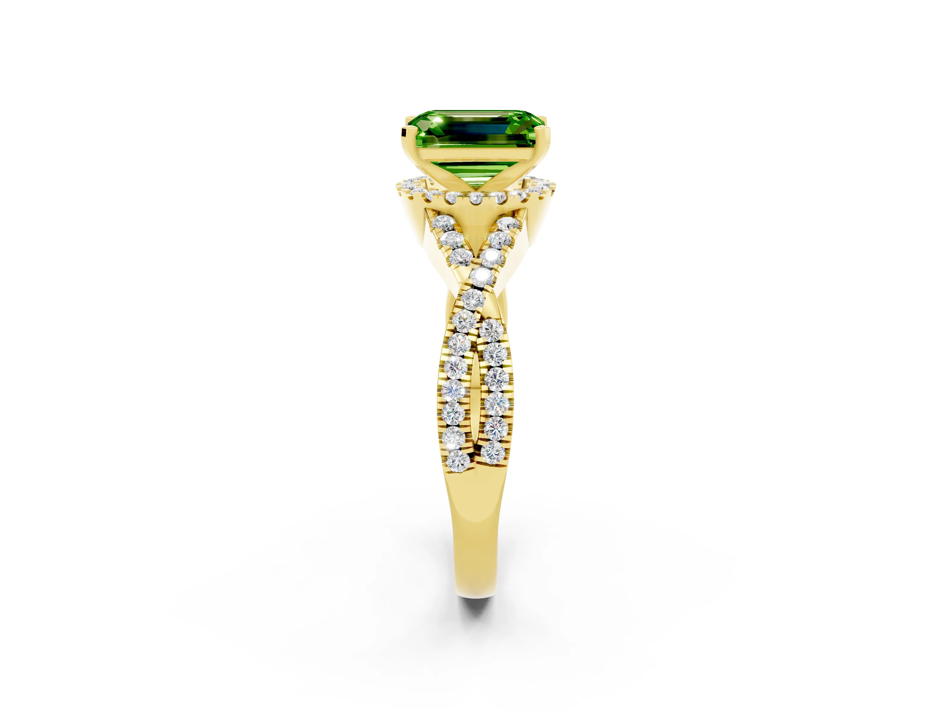 Yellow gold Emerald Cut Peridot Halo Twist Band Solitaire Prong Setting Ring_2