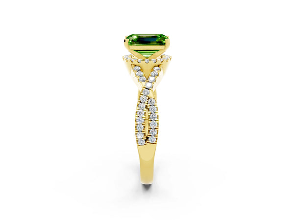 Yellow gold Emerald Cut Peridot  Halo Twist Band Solitaire Prong Setting Ring