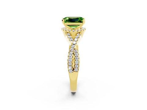 Yellow gold Emerald Cut Peridot Halo Twist Band Solitaire Prong Setting Ring_2