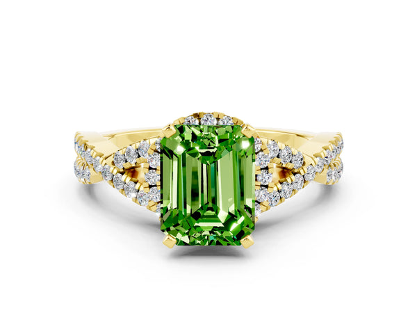 Yellow gold Emerald Cut Peridot  Halo Twist Band Solitaire Prong Setting Ring