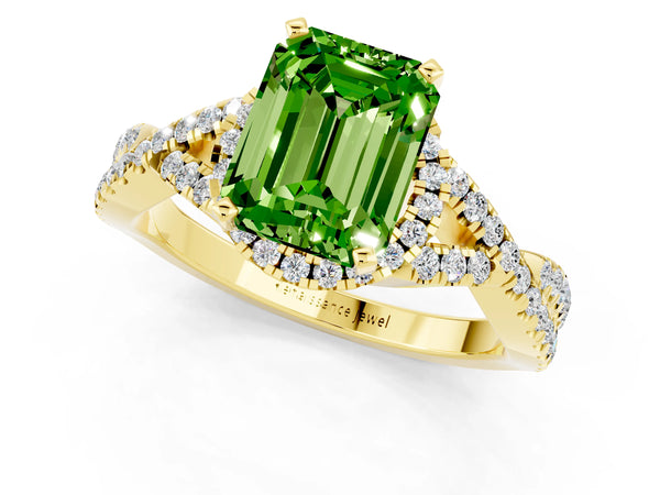 Yellow gold Emerald Cut Peridot  Halo Twist Band Solitaire Prong Setting Ring