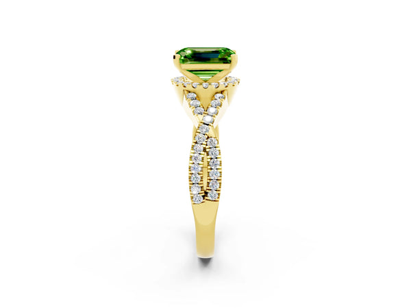 Yellow gold Emerald Cut Peridot  Halo Twist Band Solitaire Prong Setting Ring