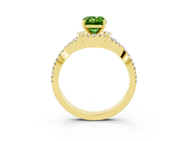 Yellow gold Emerald Cut Peridot  Halo Twist Band Solitaire Prong Setting Ring