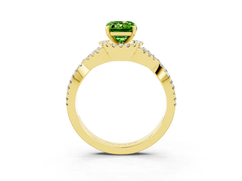 Yellow gold Emerald Cut Peridot Halo Twist Band Solitaire Prong Setting Ring_3