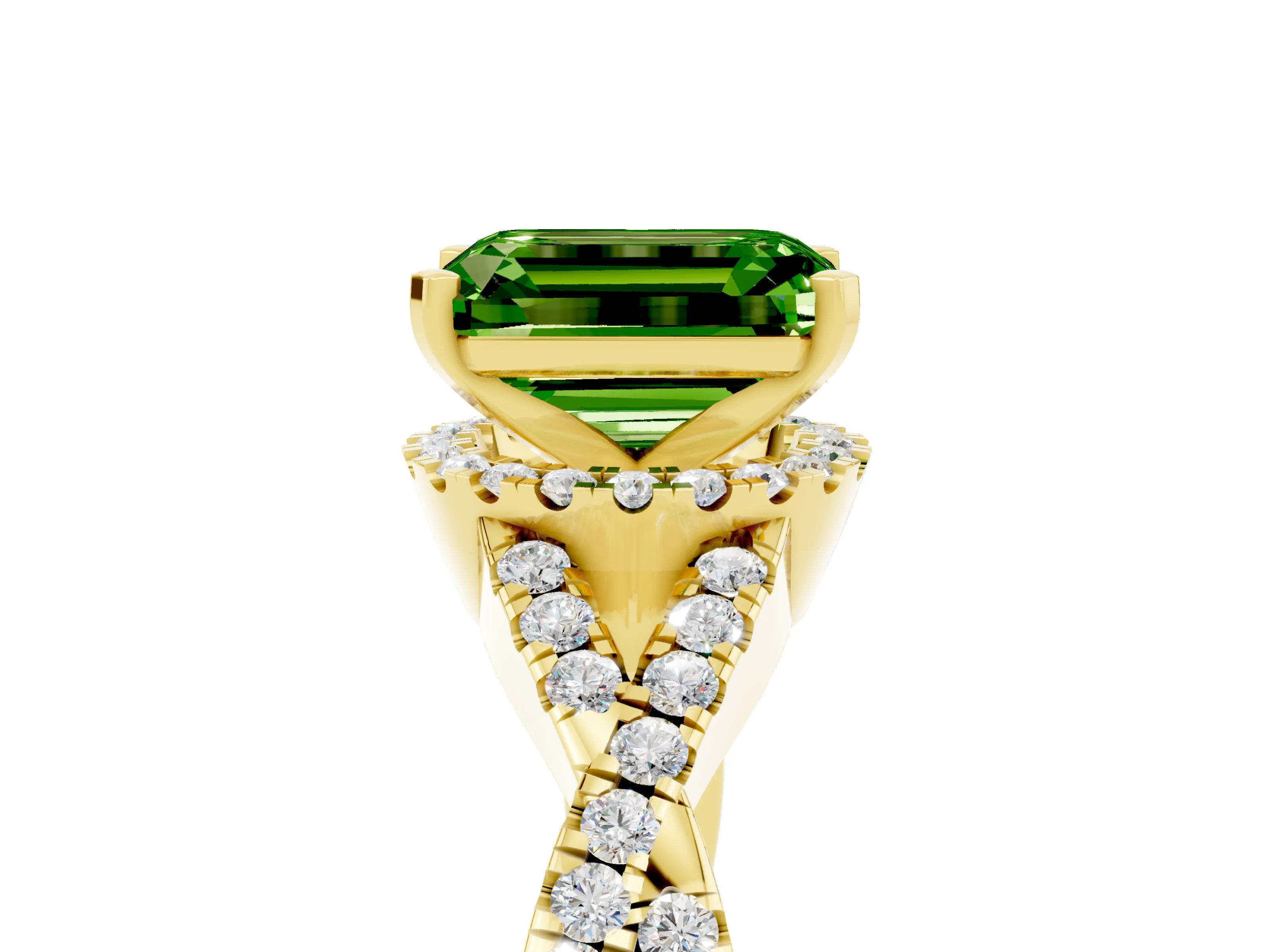 Yellow gold Emerald Cut Peridot Halo Twist Band Solitaire Prong Setting Ring_5