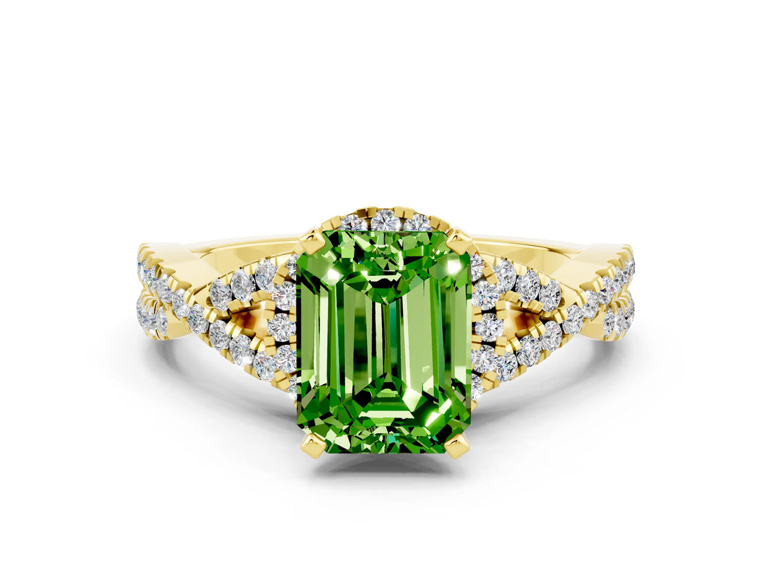 Yellow gold Emerald Cut Peridot  Halo Twist Band Solitaire Prong Setting Ring_54
