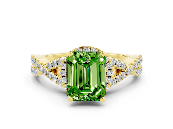 Yellow gold Emerald Cut Peridot  Halo Twist Band Solitaire Prong Setting Ring