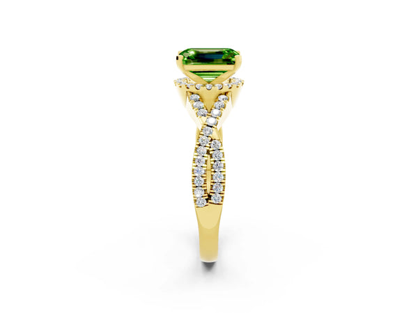 Yellow gold Emerald Cut Peridot  Halo Twist Band Solitaire Prong Setting Ring