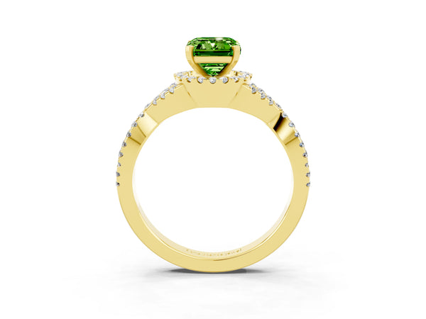 Yellow gold Emerald Cut Peridot  Halo Twist Band Solitaire Prong Setting Ring