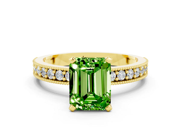 Yellow gold Emerald Cut Peridot Milgrain Pavé Engagement Ring with Four-Prong Setting