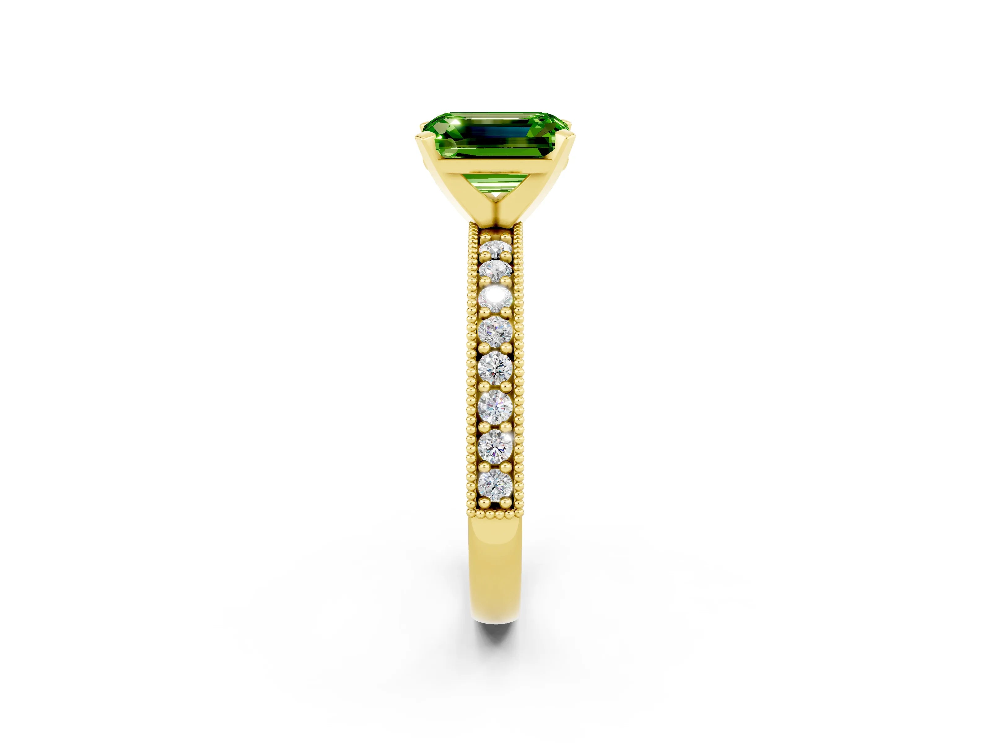 Yellow gold Emerald Cut Peridot Milgrain Pavé Engagement Ring with Four-Prong Setting_14