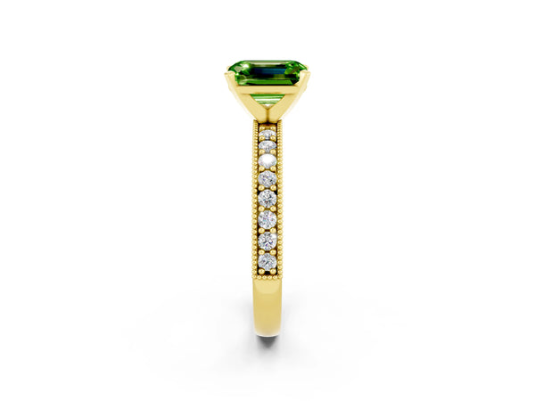 Yellow gold Emerald Cut Peridot Milgrain Pavé Engagement Ring with Four-Prong Setting