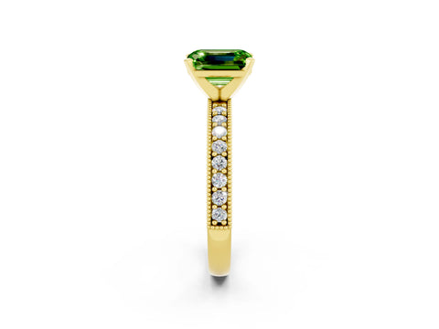 Yellow gold Emerald Cut Peridot Milgrain Pavé Engagement Ring with Four-Prong Setting_14