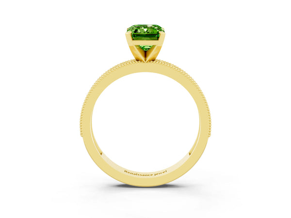 Yellow gold Emerald Cut Peridot Milgrain Pavé Engagement Ring with Four-Prong Setting