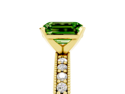 Yellow gold Emerald Cut Peridot Milgrain Pavé Engagement Ring with Four-Prong Setting_17