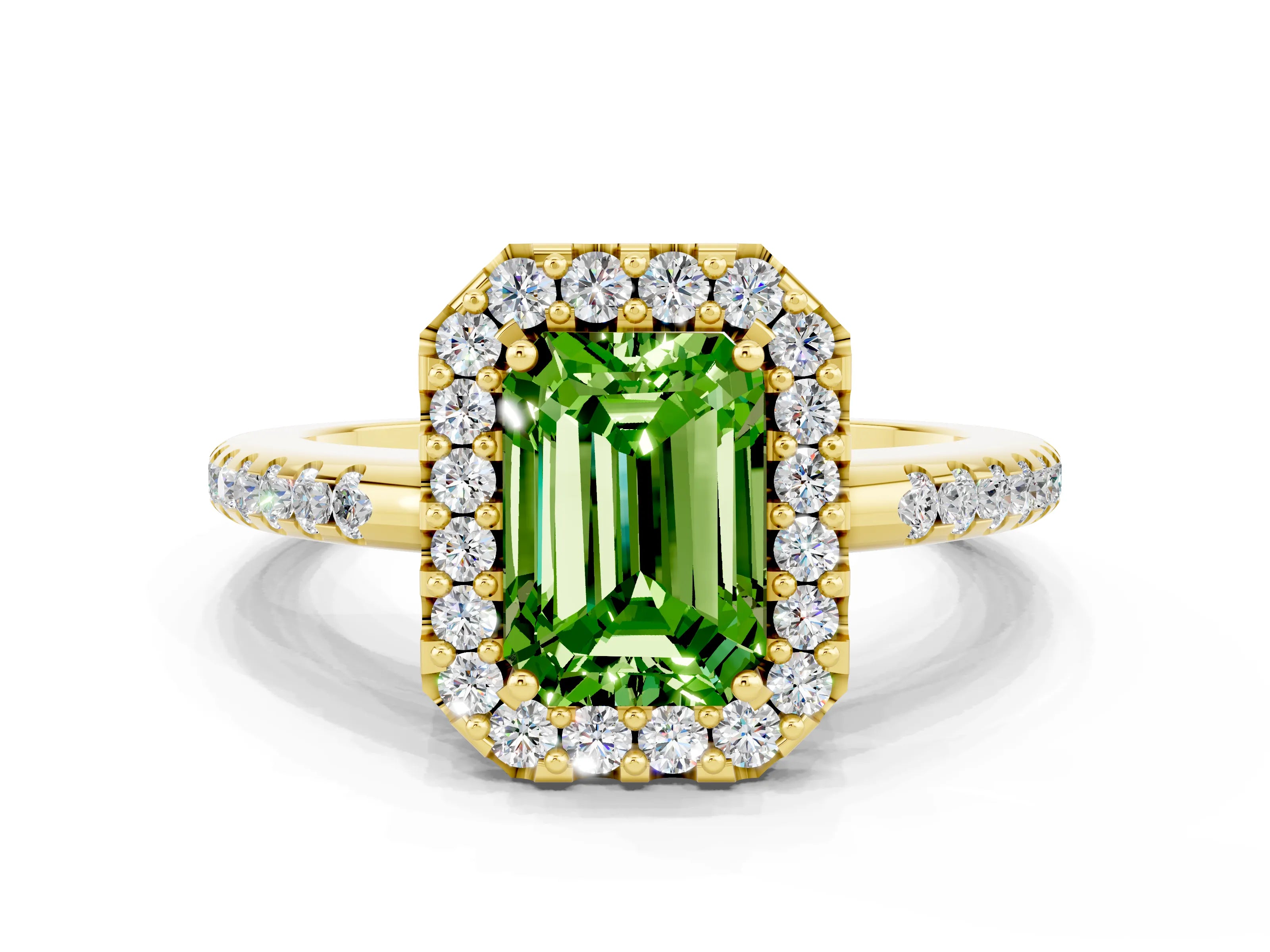 Yellow gold Emerald Cut Peridot Pavé Halo Ring with Four-Prong Setting_12