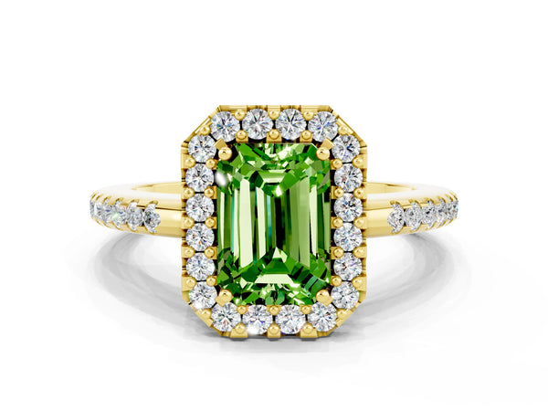Yellow gold Emerald Cut Peridot Pavé Halo Ring with Four-Prong Setting