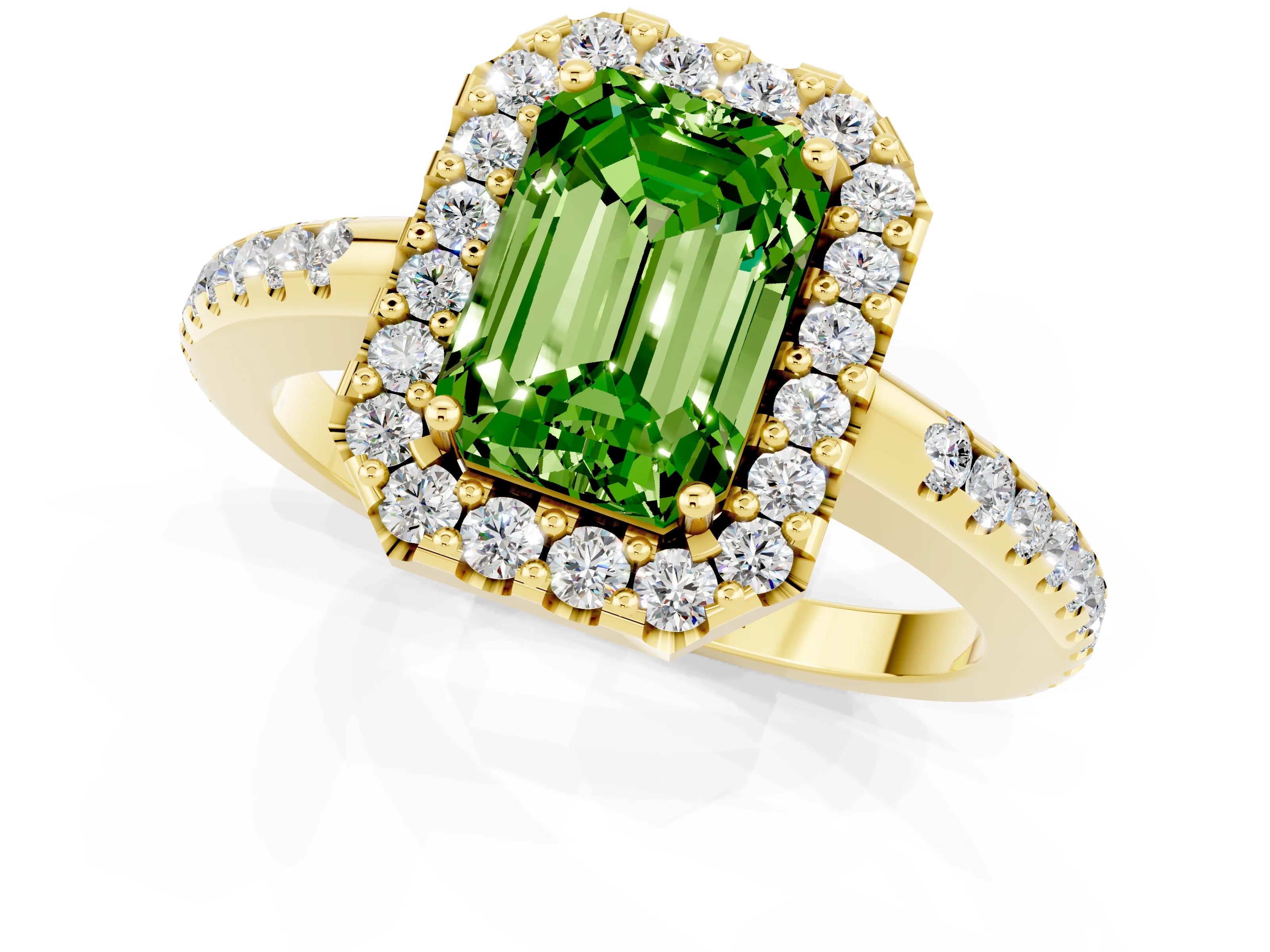Yellow gold Emerald Cut Peridot Pavé Halo Ring with Four-Prong Setting_13