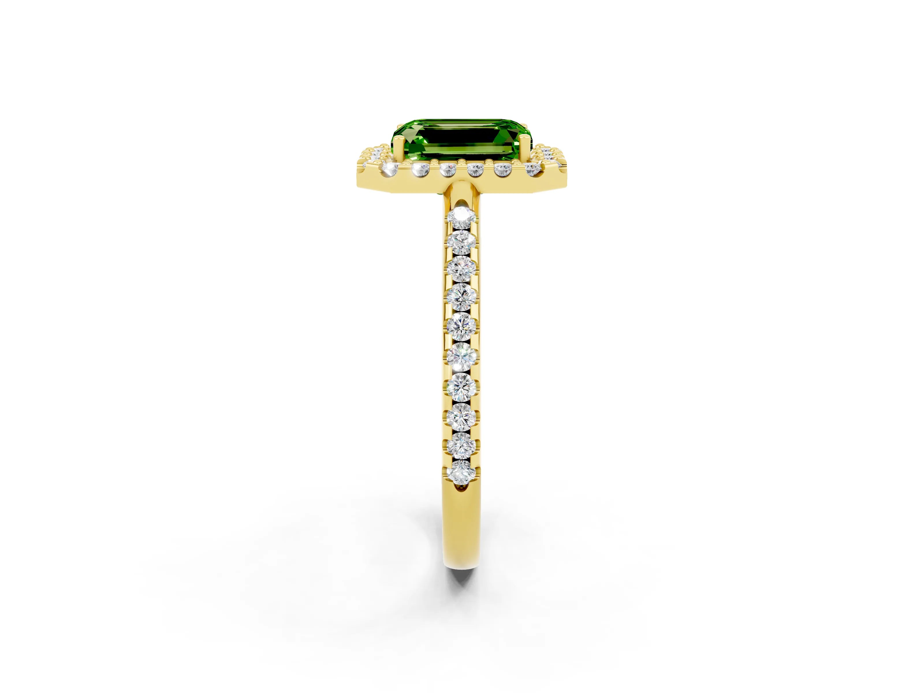Yellow gold Emerald Cut Peridot Pavé Halo Ring with Four-Prong Setting_14