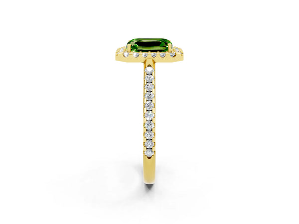 Yellow gold Emerald Cut Peridot Pavé Halo Ring with Four-Prong Setting