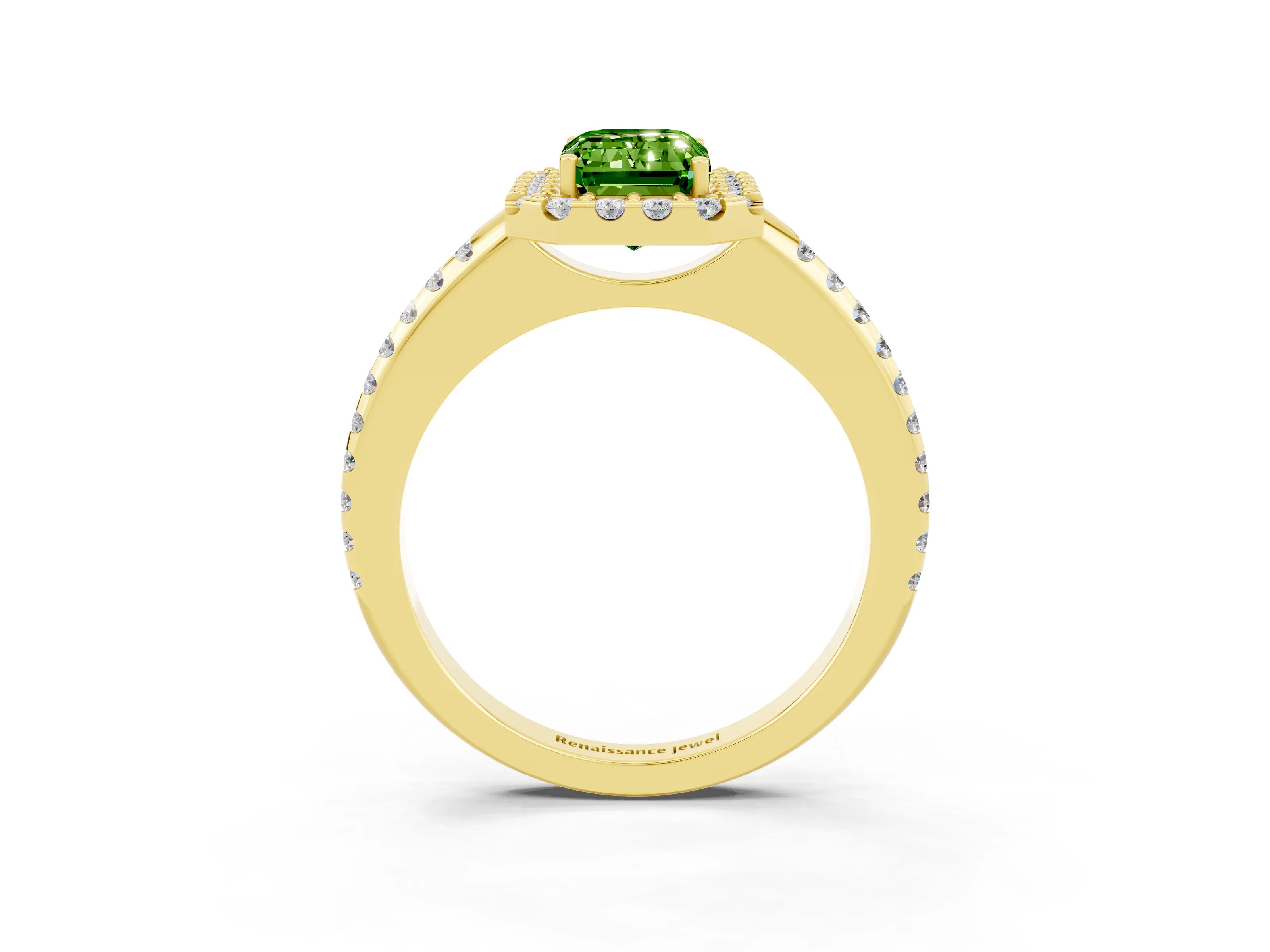 Yellow gold Emerald Cut Peridot Pavé Halo Ring with Four-Prong Setting_15