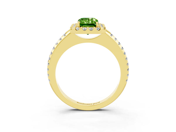 Yellow gold Emerald Cut Peridot Pavé Halo Ring with Four-Prong Setting