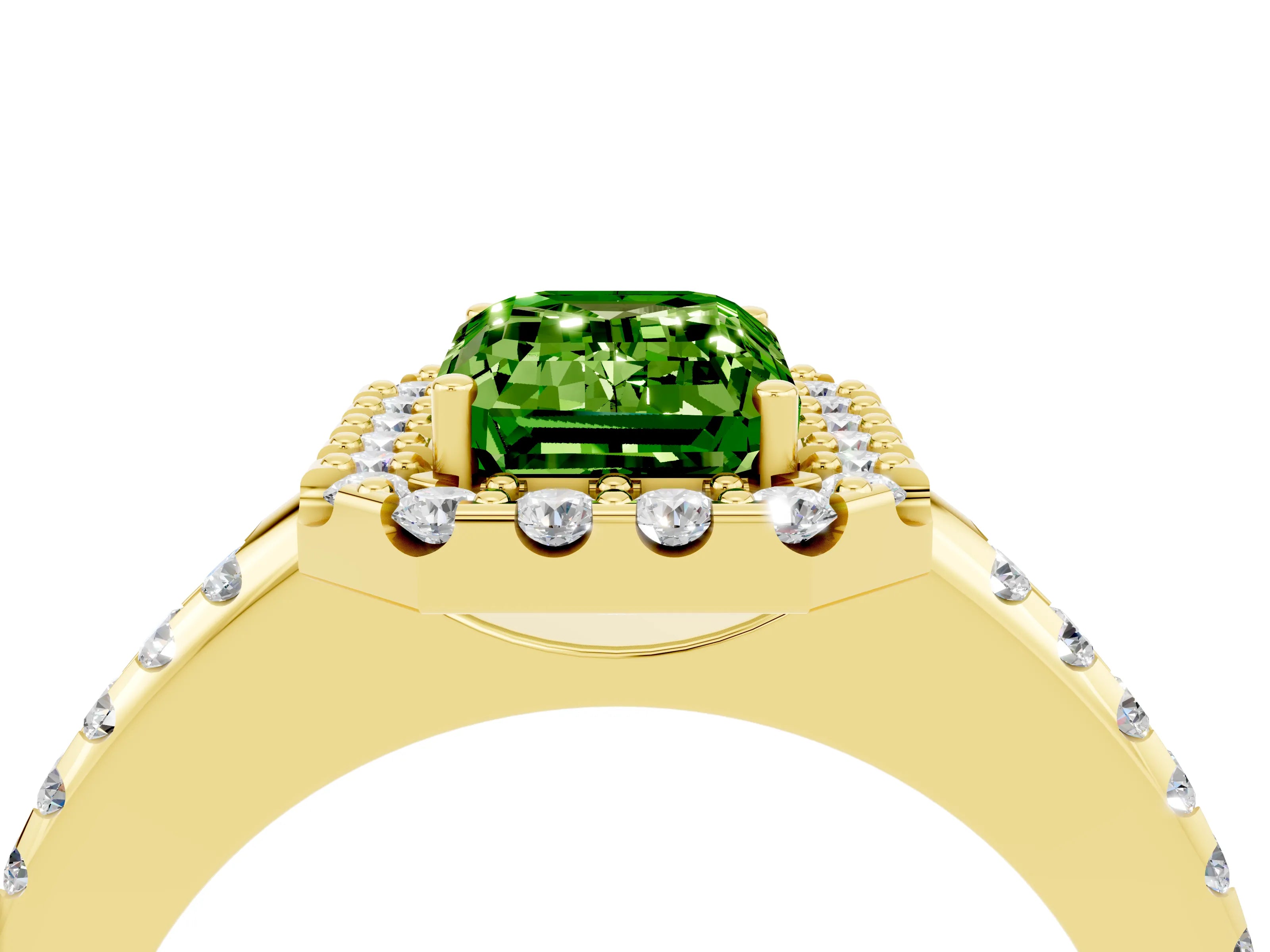 Yellow gold Emerald Cut Peridot Pavé Halo Ring with Four-Prong Setting_16